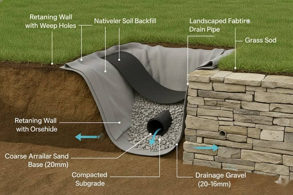 Installing French Drains Behind Retaining Walls diagram
