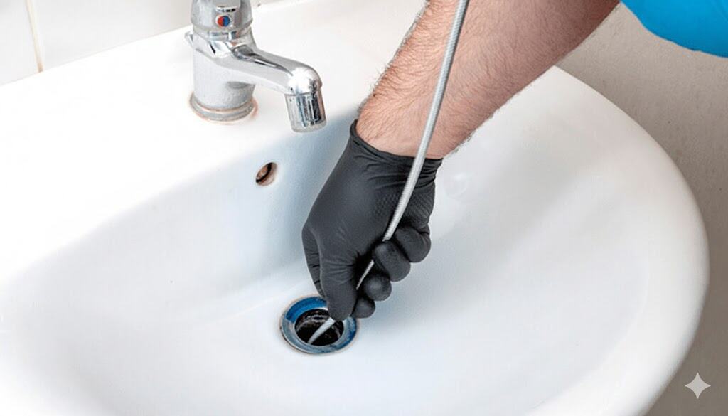 A plumber using a plumbing snake for a blocked drain